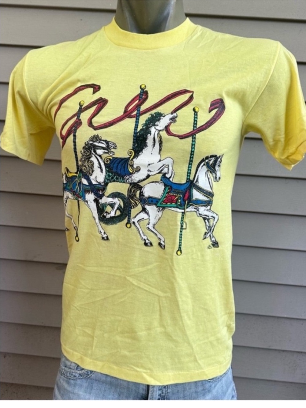 Vintage carousel T-shirt 90s zebra Rabbit Horse men’s large NOS Signal Yellow